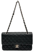 CHANEL Black Caviar Quilted Leather Chain Strap Turnlock Double Flap Bag