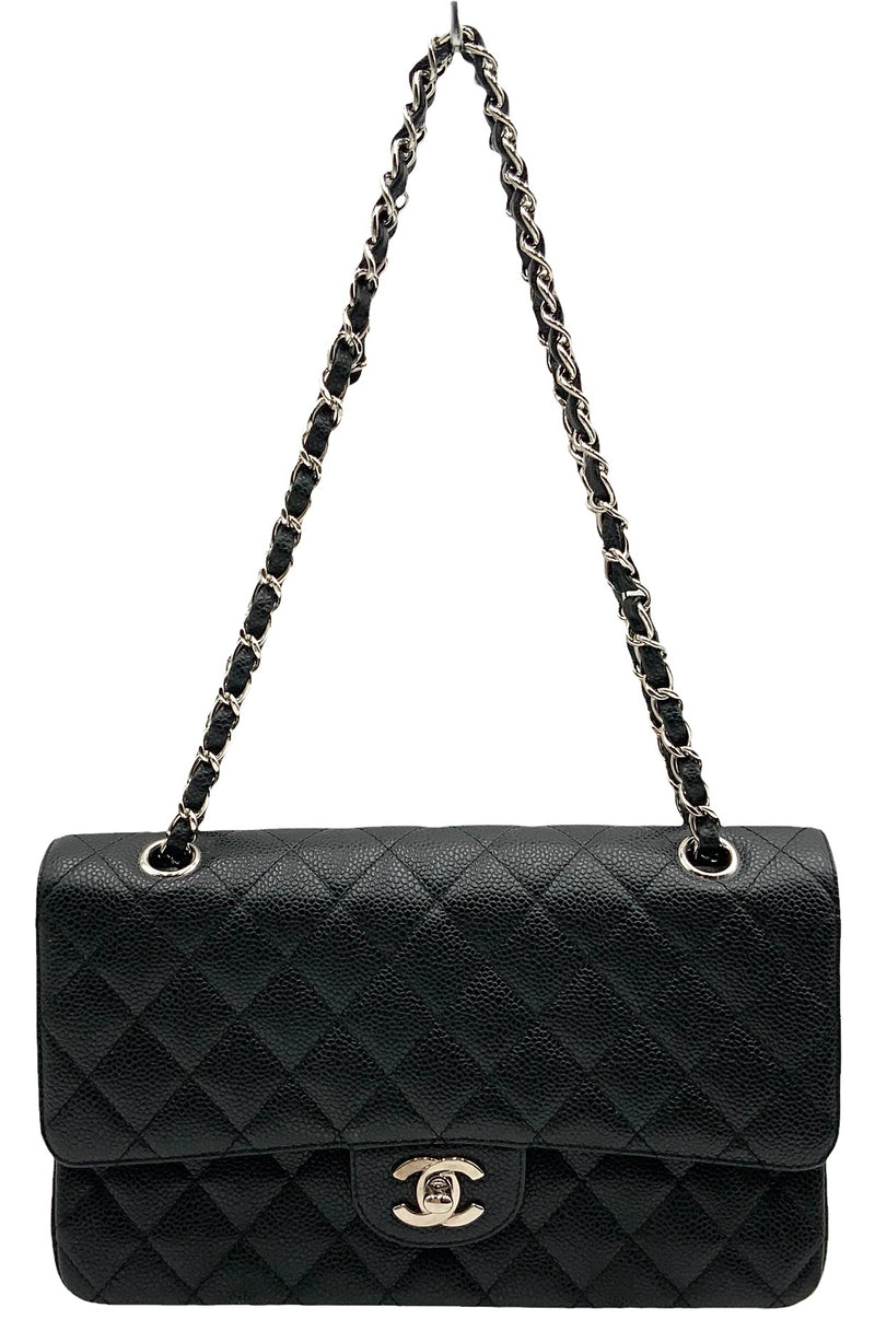 CHANEL Black Caviar Quilted Leather Chain Strap Turnlock Double Flap Bag
