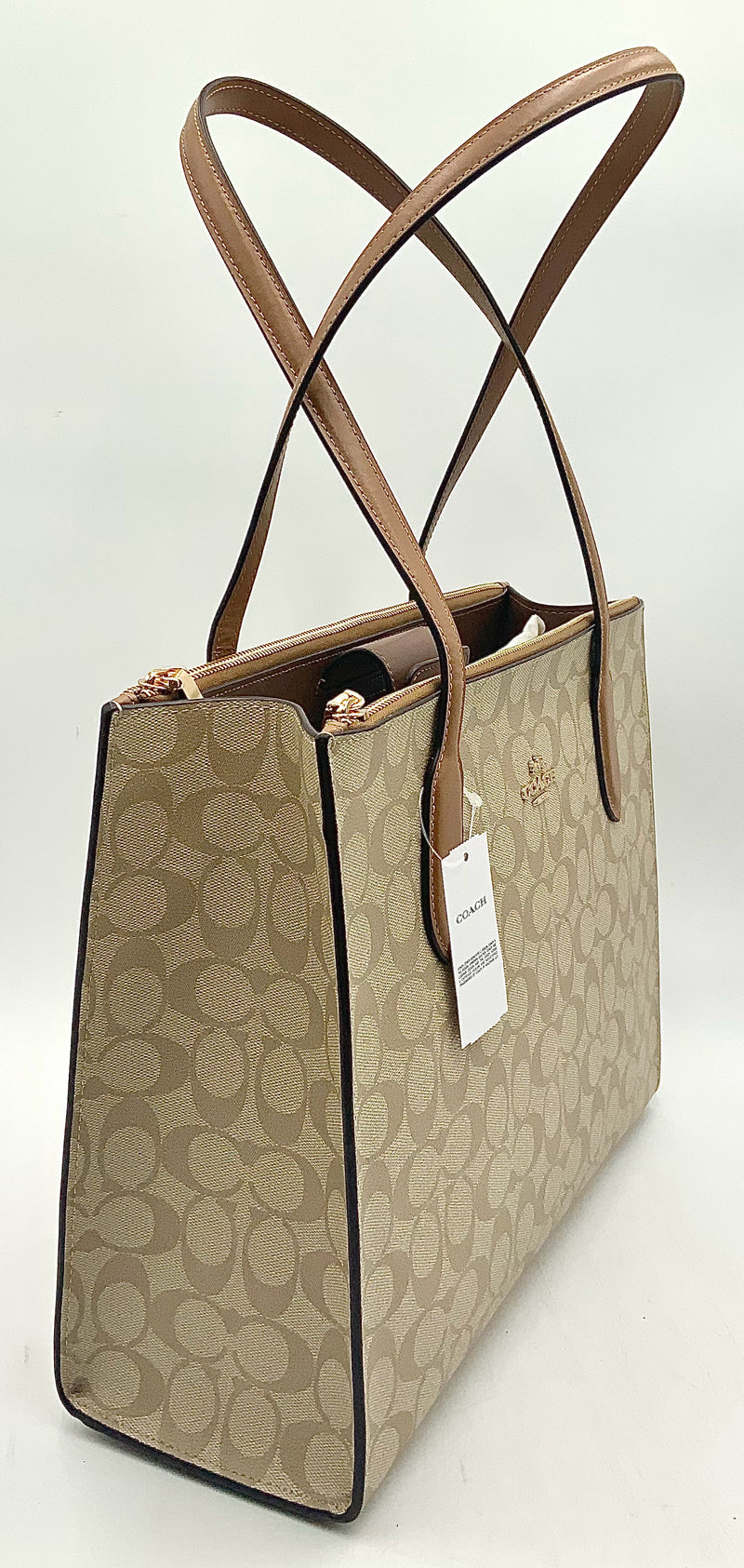 COACH Khaki Signature Print Saddle Leather Trim Nina Tote