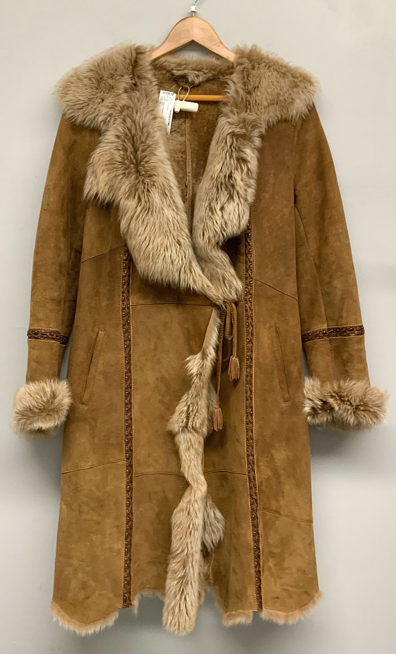 RIZAL Chestnut Suede Tan Mouton Shearling Trim Brown Leather Inset Coat