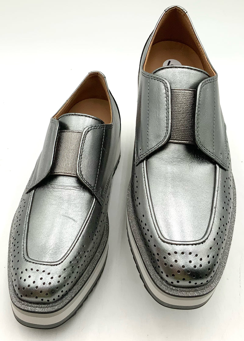 JOHNSTON & MURPHY Pewter Metallic Leather Gracelyn Perforated Platform Oxford 6
