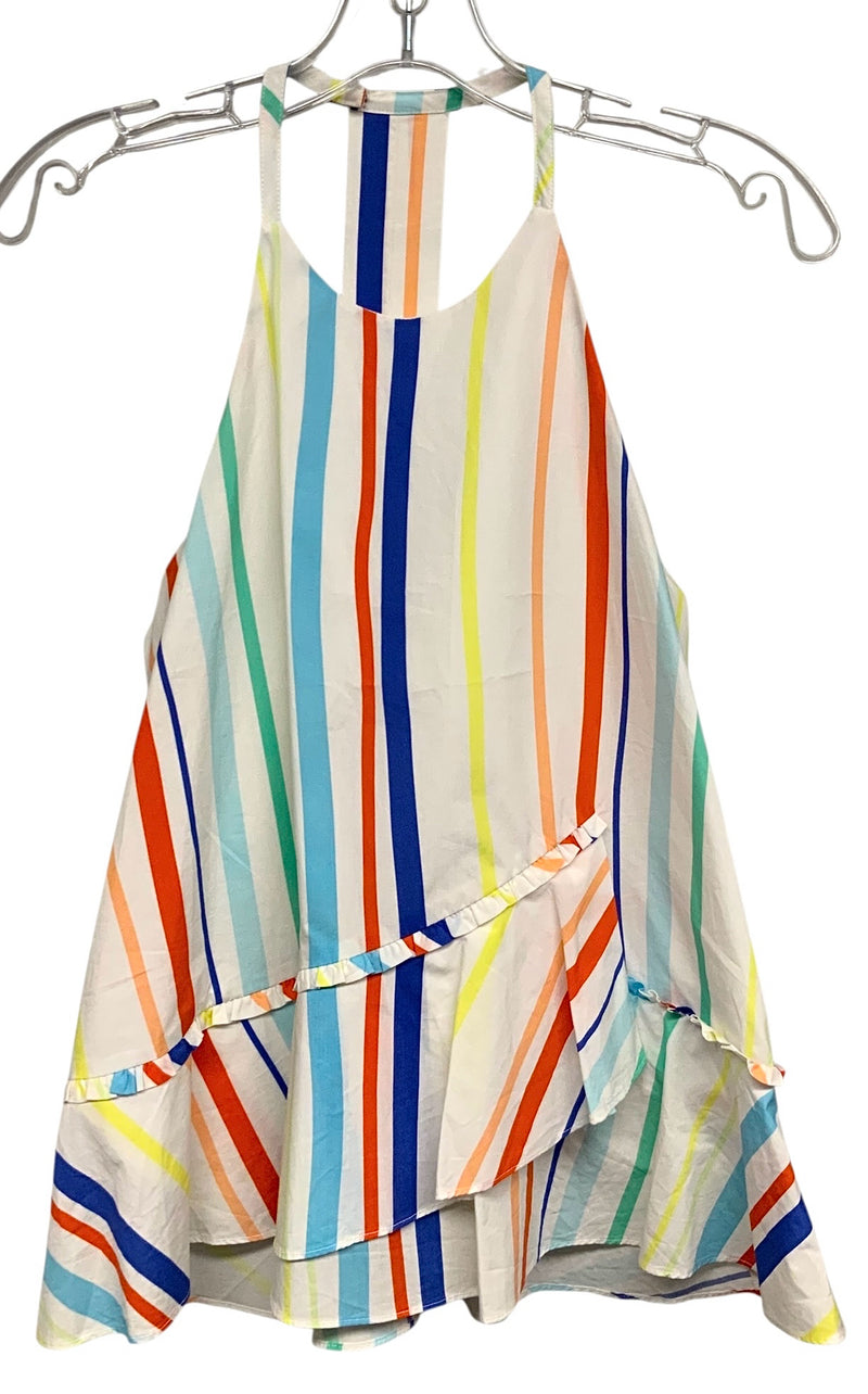 CROSBY White Multi Stripe Cotton Ruffle Trim Asym S/L Top