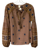SEEN WORN KEPT Brown w/Brown/Navy/White Embroid Tassel Tie L/S Top