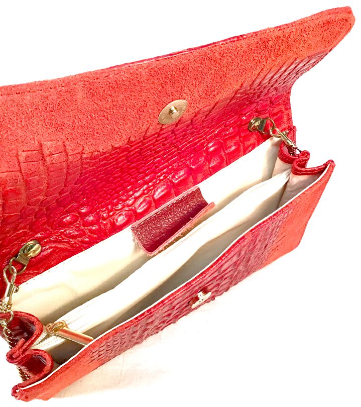 LAVORAZIANO ARIGIANALE Red Suede Croc Embossed Leather Flap Chain Bag