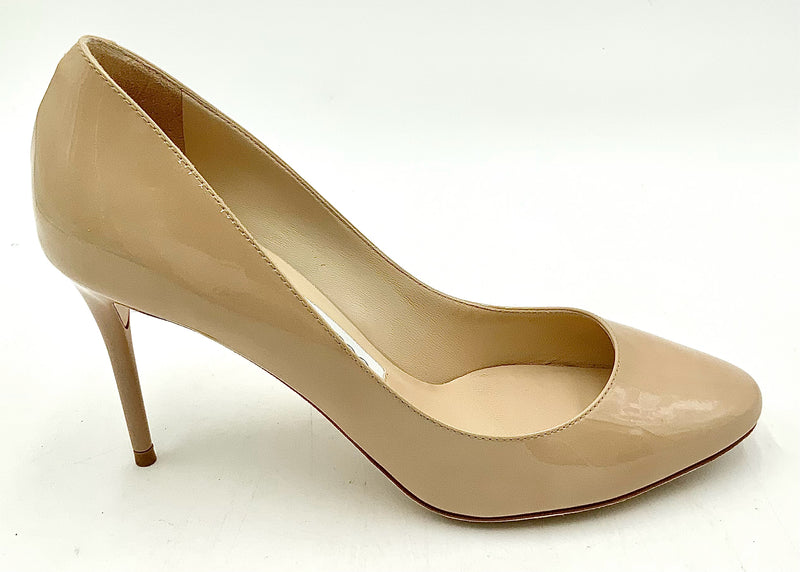 JIMMY CHOO Nude Patent Esme Almond Toe H/H Pumps 5.5