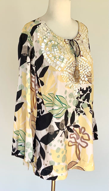 SOFT SURR. Yellow Blk Multi Capiz Shell Tie Neck Tunic