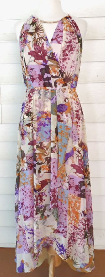 TRIBAL Purple/Cream Floral V-Neck S/L Maxi Dress