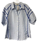 WORTHIER Blue w/Blue Crochet Accents S/S B/D Linen Top