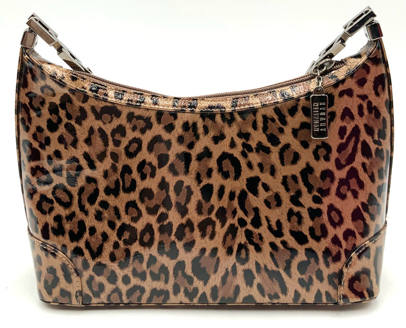 STUART WEITZMAN Black Tan Patent Leather Leopard Print Chainlink Handle Mini Bag