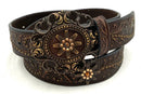 NOCONA Dark Brown Tooled Bronzetone Cystal Floral Oversize Buckle Belt M