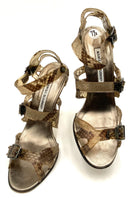 MANOLO BLAHNIK Brown Leather Brown Laminated Snake Print H/H Sandals 7.5