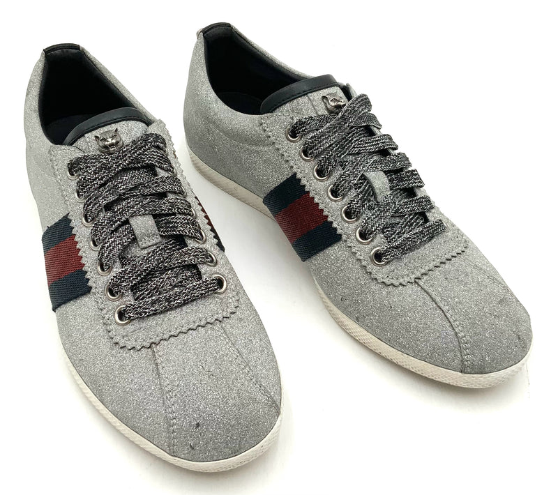 GUCCI Silver Glitter Fabric Navy/Red Web Stripe Studded Bambi Sneakers 37