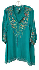 JOHNNY WAS Green w/Multi Floral Embroid 1/2 B/D 3/4 Sleeve Top