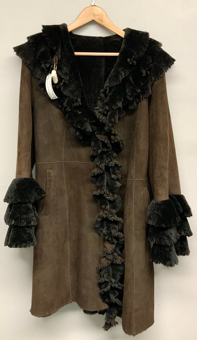 Chocolate Brown Suede Black Sheared Sheepskin Tiered Collar and Sleeve Coat