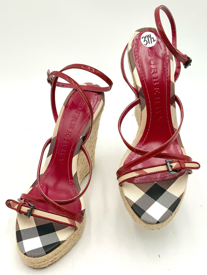 BURBERRY Berry Patent Leather Nova Check Espadrille Wedges 37.5