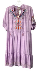 JOHNNY WAS Lavender w/Multi Embroid Flutter Sleeve Slip Dress