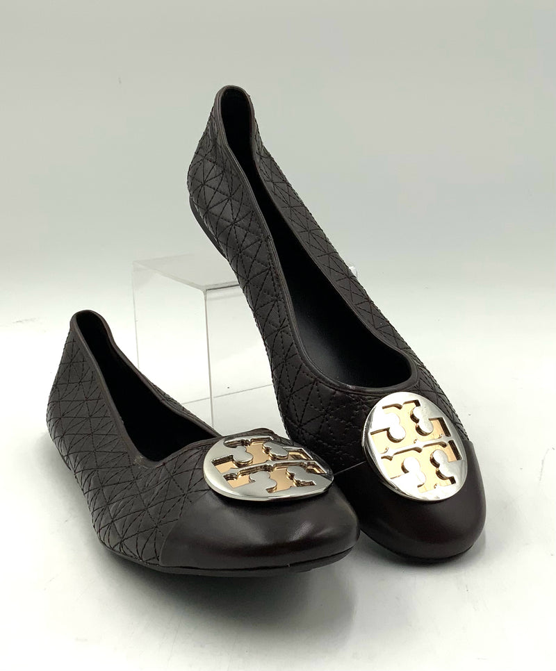TORY BURCH Brown Quilted Leather Claire Twotone Logo Flats 11