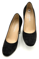 CHANEL Brown Suede Silver CC Block Heel Pumps 37.5