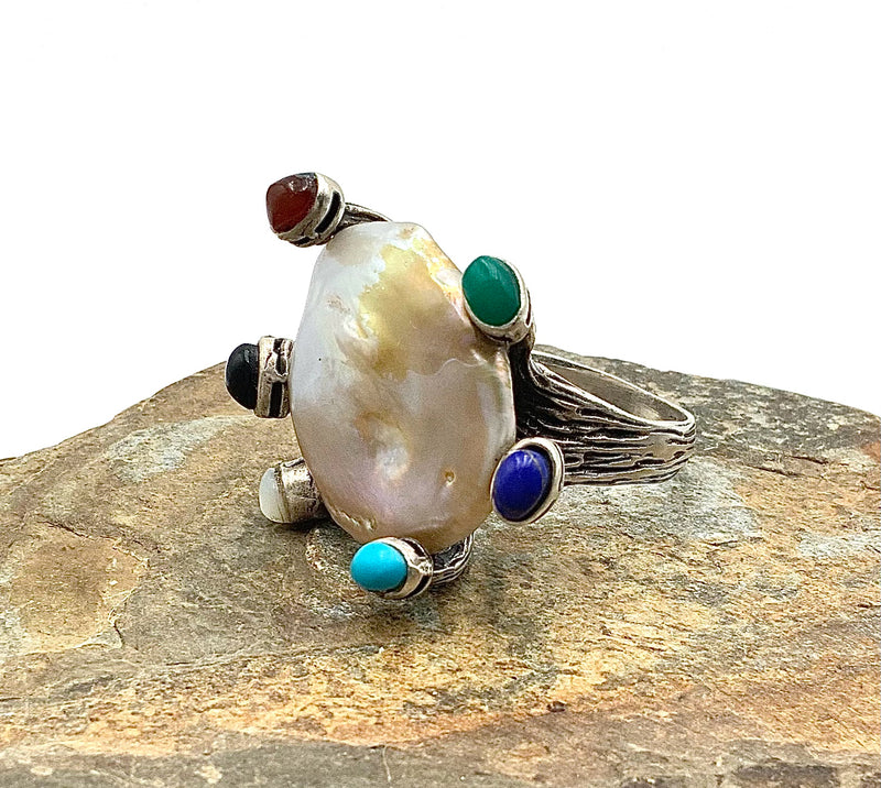 Sterling, Pearl, Turquoise, Lapis, Onyx, Carnelian & Jasper Ring