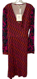 DIANE VON FURSTENBERG Orchid/Red Zig Zag w/Floral Sleeves "Ga; Wrap Dress