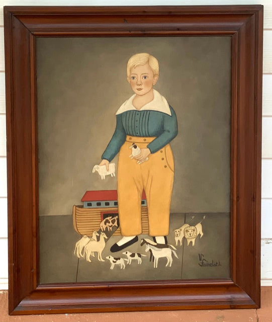 Painting on Canvas of Boy with Toys in Wood Frame