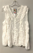 JOHNNY WAS White Eyelet w/Floral Embroid & Ruffle Trim S/L Top