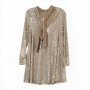 DESIGN HISTORY Champagne Sequin w/Velvet Tie L/S Dress