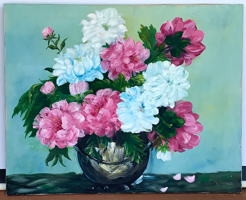 Vintage Acrylic on Canvas of Pink Peonies Unframed