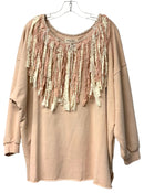 A RARE BIRD Pink w/Lace Rag & Pearl Fringe Sweatshirt