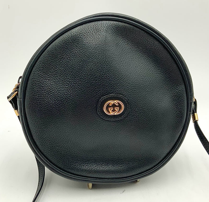 GUCCI Vintage Black Leather Round GG Canteen Crossbody