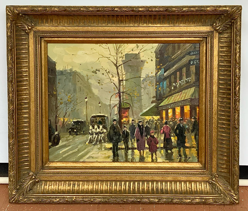 Vintage Street Scene Oil on Canvas in Gold Frame