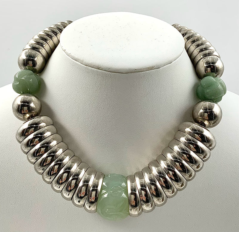 Sterling, Silvertone & Carved Jade Beaded Necklace