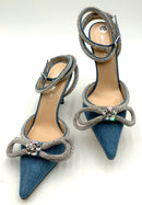 MACH & MACH Denim Blue Crystal Bow Ankle Wrap Pointed Pumps 37.5
