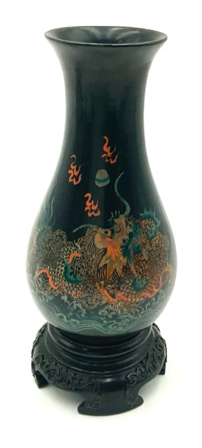 Vintage Chinese Black Lacquer Vase with Dragon Scene