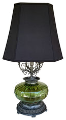 Mid Century Green Glass Lamp With Black Shade