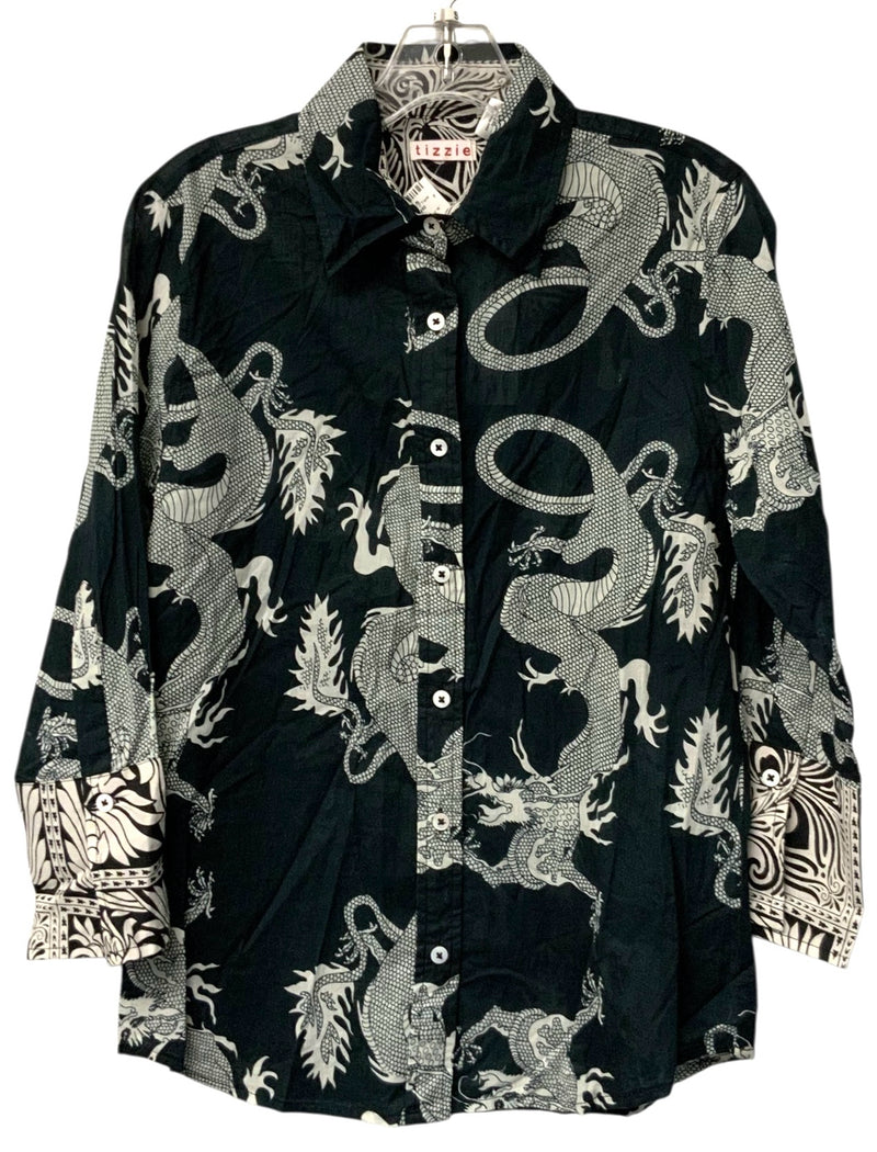 TIZZIE Black/White Dragon Print L/S B/D Top