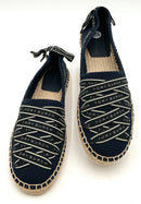 TORY BURCH Navy Canvas Black/Cream Logo Ribbon Espadrille Flats 8.5