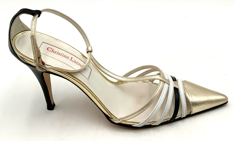 CHRISTIAN LACROIX Gold Metallic Strappy Stiletto T-Strap Pumps 9.5