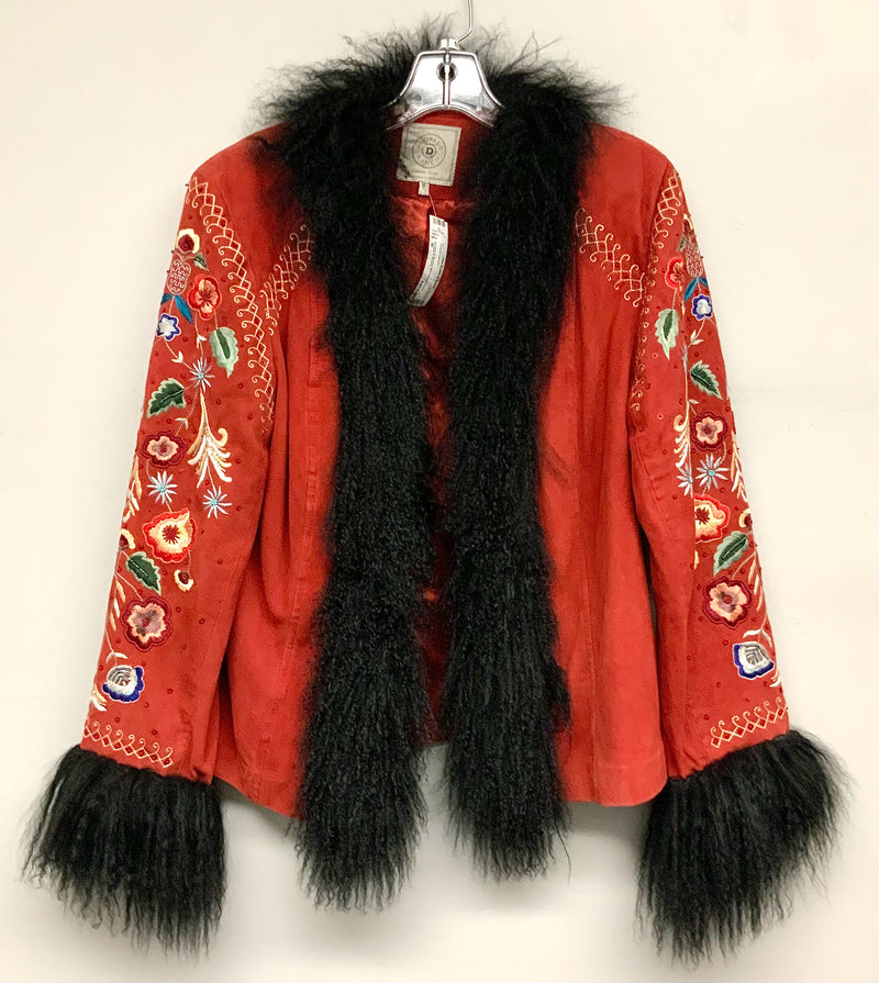 Double D Ranch Red Suede Floral Embroidered Curly Lamb Jacket