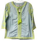 GRETCHEN SCOTT Blue/White Stripe w/Lime Embroid Tassel Tie 3/4 Sleeve Top