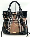BURBERRY Black  Leather Tan Check Buckles Satchel