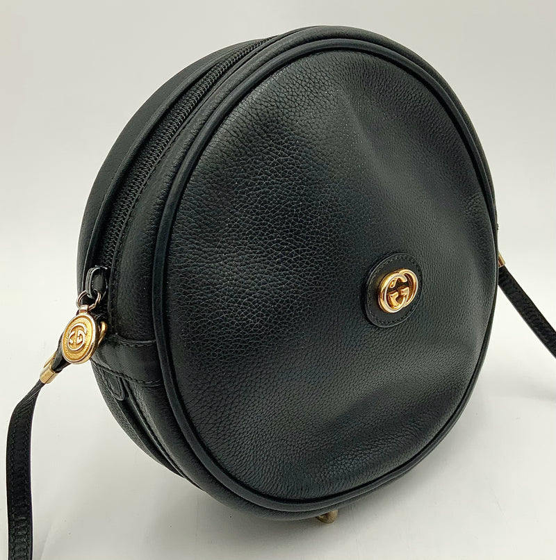 GUCCI Vintage Black Leather Round GG Canteen Crossbody