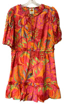 FARM RIO Pink Orange Green Multi Floral Beaded Tassel Tie Neck S/S Dress