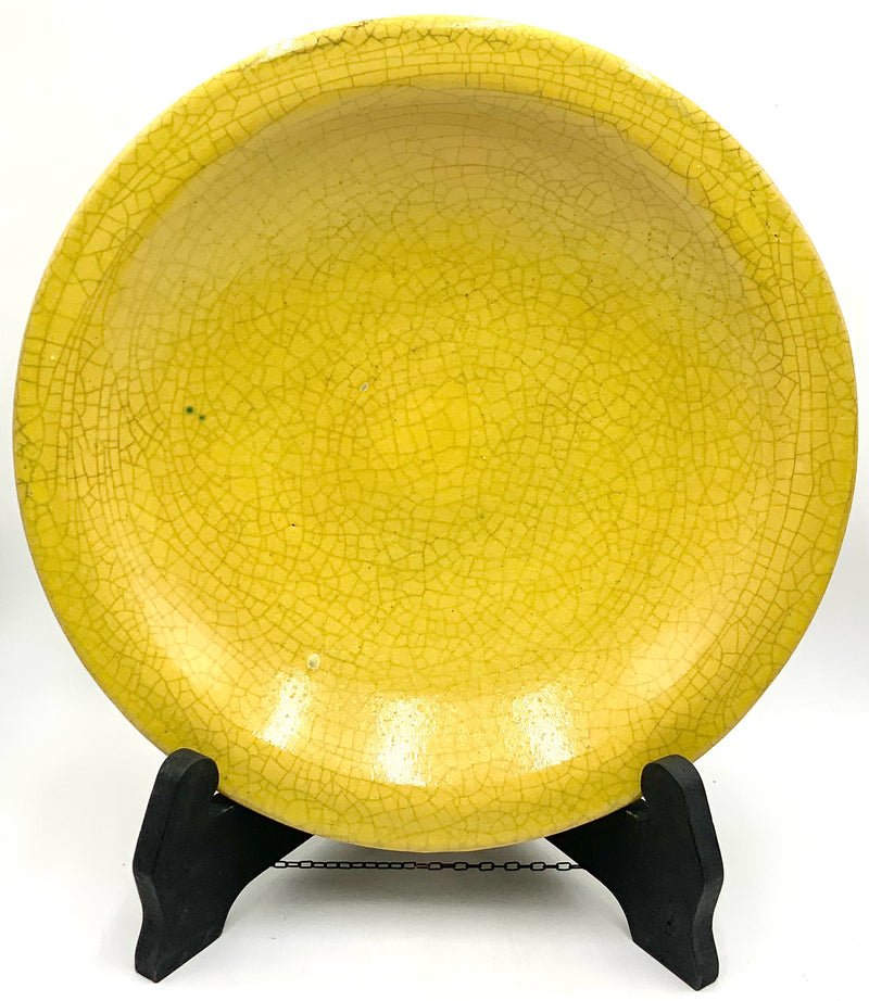Oversized Round Yellow Craquelure Charger on Metal Stand