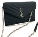YSL Black Quilted Satin Cassandre Logo Envelope Wallet on Chain Bag