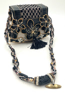 MARY FRANCES Vintage Black Gold White Beaded Floral Embossed Trim Embroid Bag