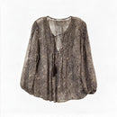 JOIE Taupe/Tan Abstract Pintuck Tassel Tie L/S Silk Top