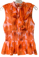 HUTCH Pink/Orange Smocked Waist Ruffle Front S/L Peplum Top