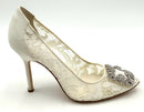 MANOLO BLAHNIK Ivory Silk Satin Lace Embellished  Buckle Pointed Toe Pumps 37