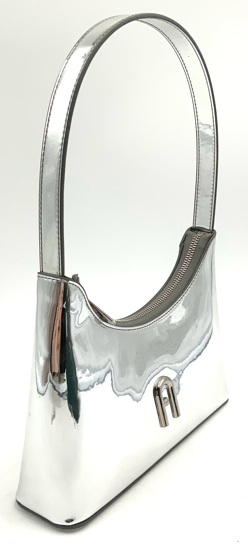 FURLA Silver Metallic Leather Mini Diamante Shoulder Bag
